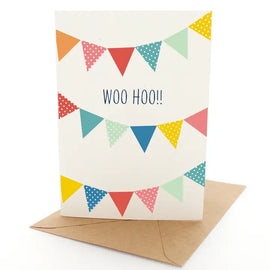 A greeting card with a white background featuring the text 'WOO HOO!' in bold blue letters, surrounded by colorful bunting flags in red, yellow, green, and blue, and polka dots.