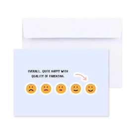Greeting card with a feedback survey design, including a statement and five smiley faces for a rating, accompanied by an envelope.
