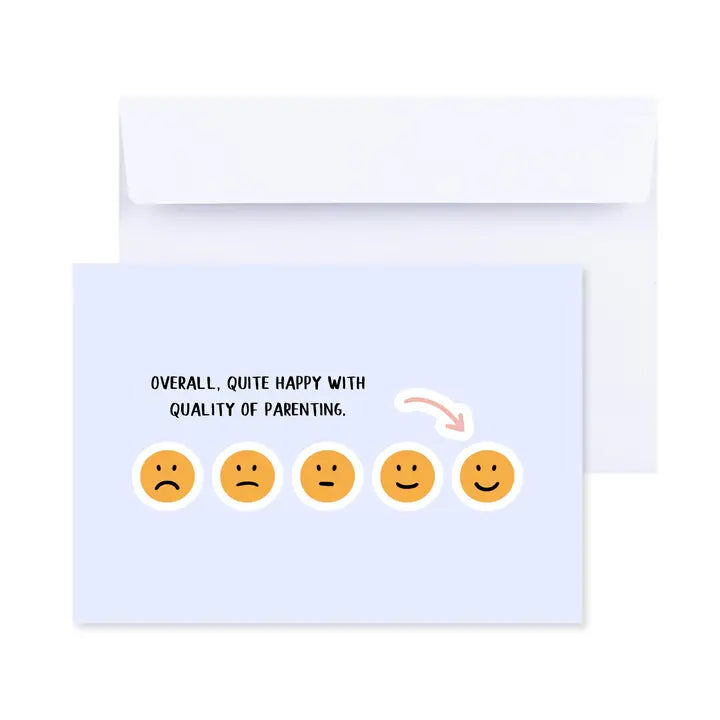 Greeting card with a feedback survey design, including a statement and five smiley faces for a rating, accompanied by an envelope.