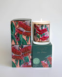 A Spiced Ginger candle with a matte white container and a decorative label, featuring artwork from Jess Hutchison of a flowering gum.