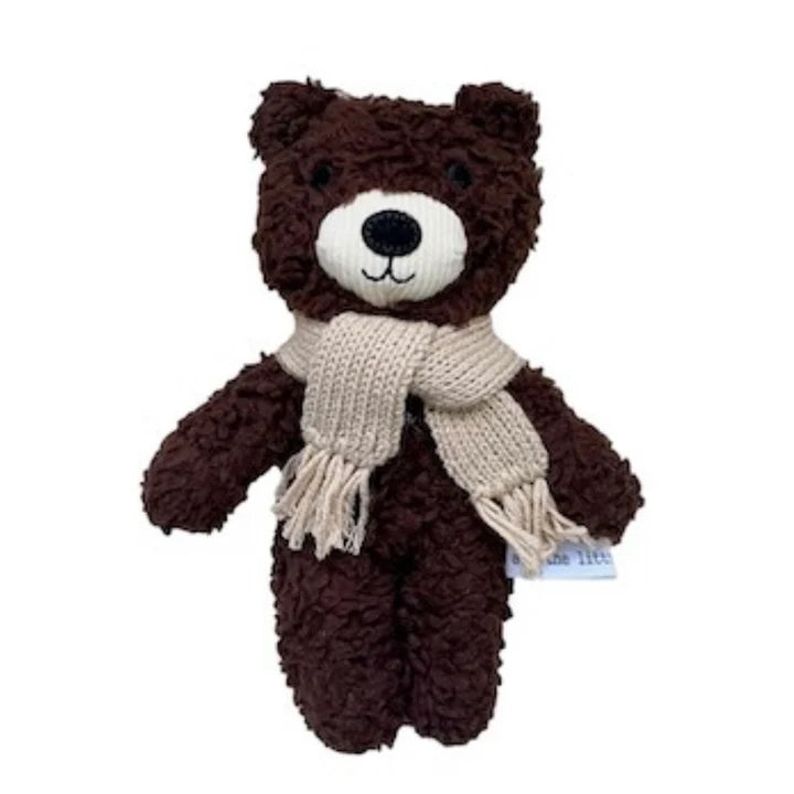 Chocolate brown fluffy teddy with cream knitted scarf