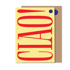 A greeting card with a red 'Ciao' text on a yellow background, accented with a blue circle, and a cream background.