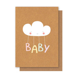 Card with a cloud and 'BABY' text on a brown background