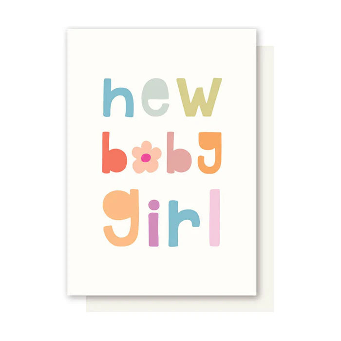 Card with colorful text 'New Baby Girl' on a white background