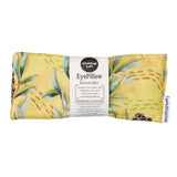 A rectangular eye pillow with a floral pattern in shades of yellow, green, and white, labeled 'Wheatbags Love' and 'Eye Pillow Lavender'.