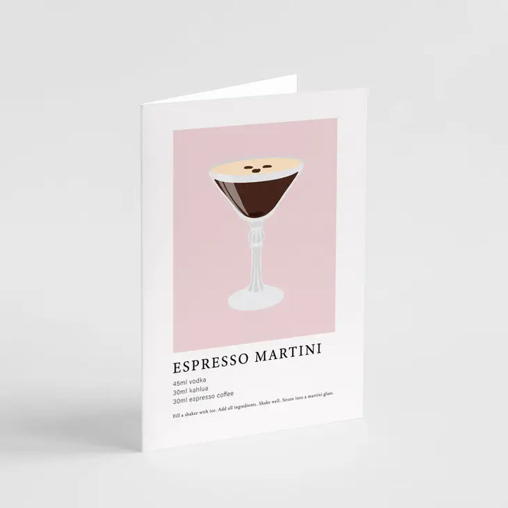 A greeting card featuring a illustration of an espresso martini glass, with the text 'ESPRESSO MARTINI' underneath.