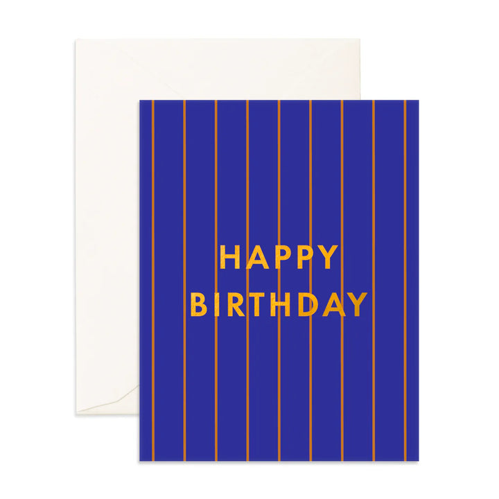 A blue and orange striped 'Happy Birthday' greeting card