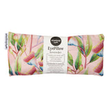 Rectangular eye pillow with a floral pattern in shades of pink and green, filled with lavender, designed for relaxation and sleep aid.