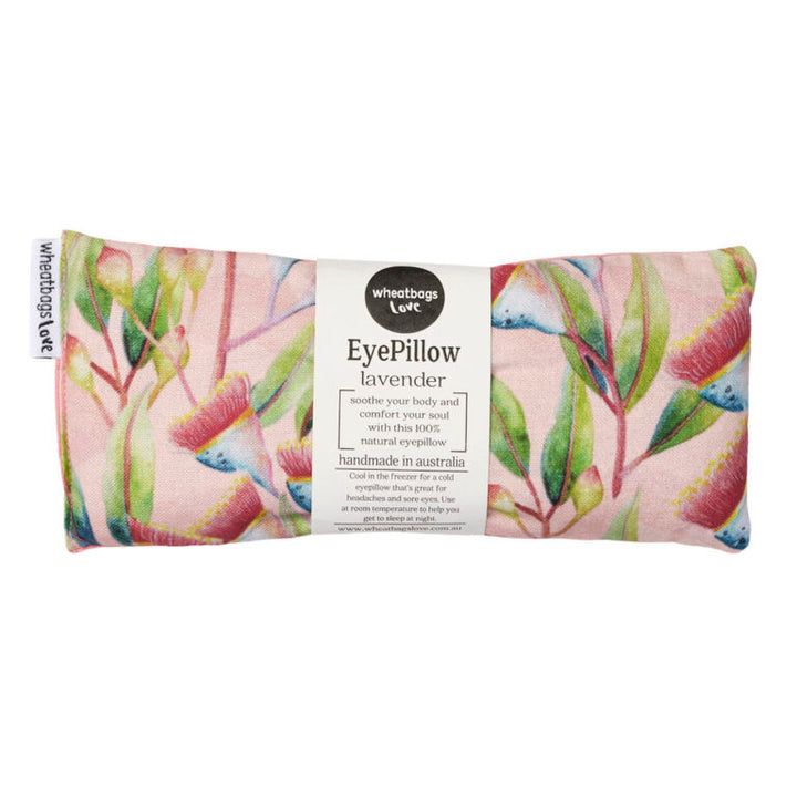 Rectangular eye pillow with a floral pattern in shades of pink and green, filled with lavender, designed for relaxation and sleep aid.