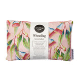 A floral patterned wheatbag with a label indicating it is made in Australia, with a pink background and filled with lavender.