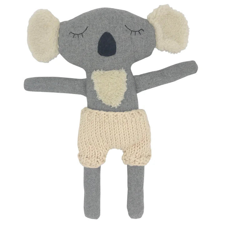 Grey wool koala toy with cream fluffy ears and knitted shorts