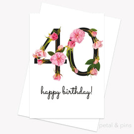 40th birthday card with floral design and 'happy birthday!' text on a white background.