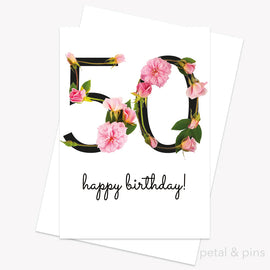 50th birthday card with floral design and 'happy birthday!' text on a white background.