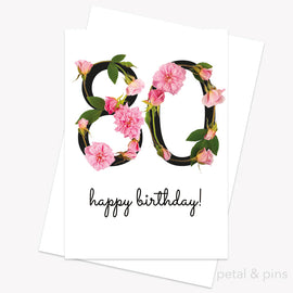 80th birthday card with floral design and 'happy birthday!' text on a white background.