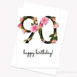 90th birthday card with floral design and 'happy birthday!' text on a white background.
