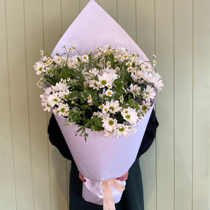 Bouquet of white daisies wrapped in paper held by a person against a light green wall.