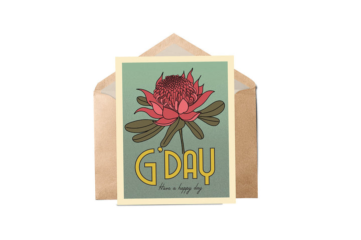 A greeting card with a floral design featuring the Waratah flower, postage stamp style, on a beige background with a space for a personalized message.