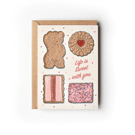Greeting card with cookie illustrations and 'Life is Sweet with you' text on a white background