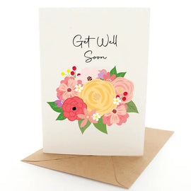 A greeting card with a floral design and the text 'GET WELL SOON' in the center, enclosed in a rectangular border.