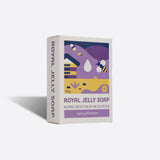 Box of Royal Jelly Soap with bee and flower design on a white background