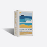 Box of Sea Clay Soap with a beach scene design on a white background