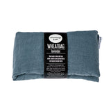 A rectangular gray linen wheatbag with a label that reads 'WHEATBAG - LAVENDER'.
