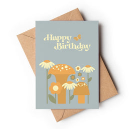 HAPPY BIRTHDAY MUSHROOM BLUE -VINTAGE STYLE GREETING CARD