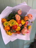 A colorful assortment of ranuculus flowers beautifully displayed with white wrapping highlighting their natural charm.