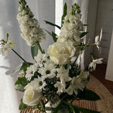 White flowers with green foliage in small pot
