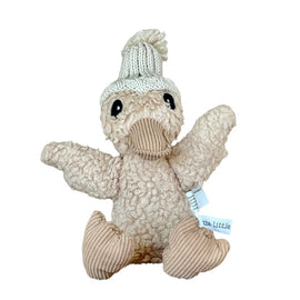Plush toy with a knitted hat and scarf on a white background
