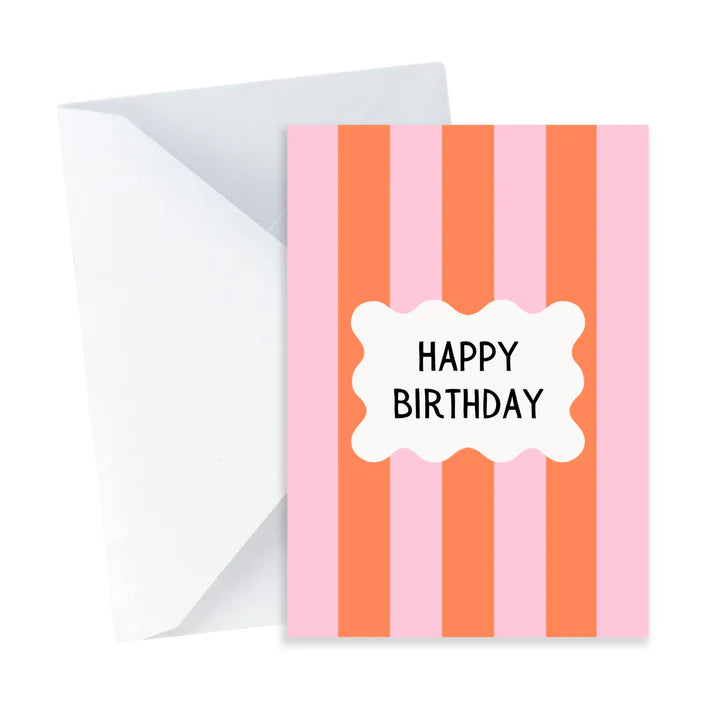 Birthday card with pink and orange stripes and 'Happy Birthday' text on a white background