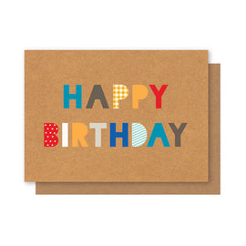 Brown birthday card with colorful 'Happy Birthday' text on a white background