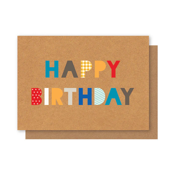 Brown birthday card with colorful 'Happy Birthday' text on a white background