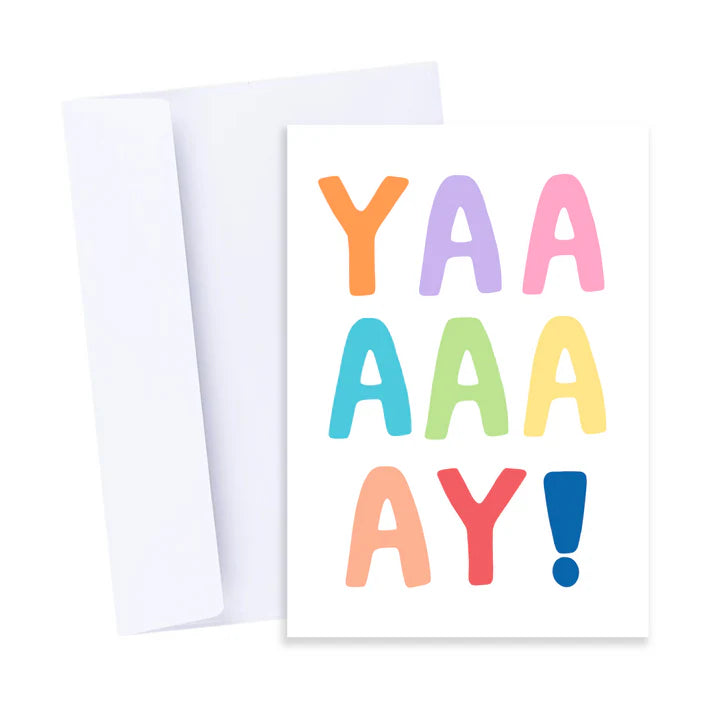 Colorful greeting card with 'YAAAY!' text on a white background
