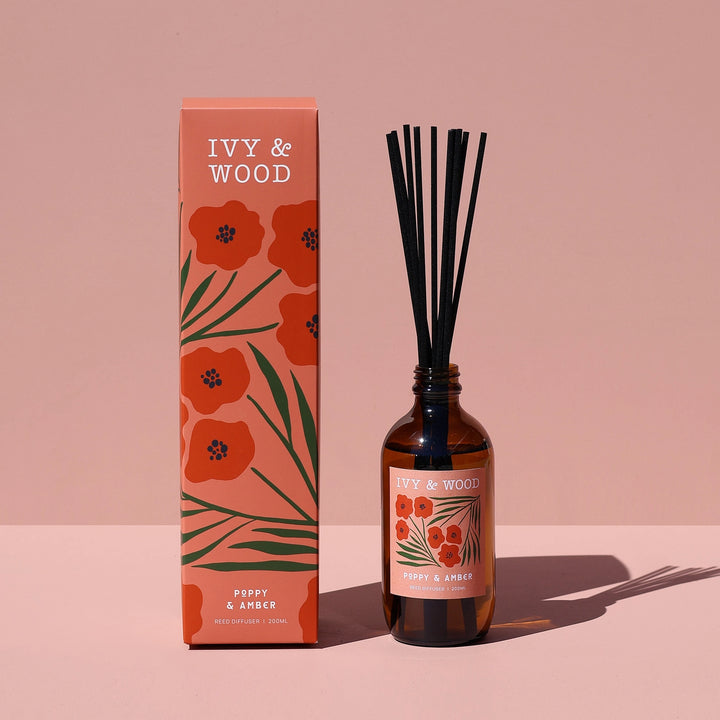 Ivy & Wood diffuser bottle and packaging on a pink background