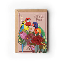 Greeting card with colorful parrots and flowers on a white background