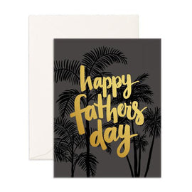 The Smellies Flowers HAPPY FATHER'S DAY GREETING CARD features black palm tree silhouettes on a dark background with bold gold lettering. Includes a white envelope—perfect for your special message to dad.